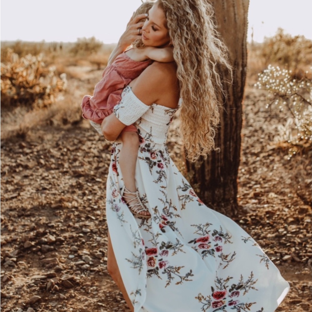 White off shoulder florals dress maxi high slits summer boho